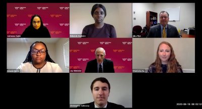 This screenshot shows team members Deborah Asabere, Charlotte Fix, Chris Galloway, and Delanie Harris discussing their capstone project with Jay Winkeler, Mike Flint, and Adrienne Sable, of the Center for Business Intelligence and Analytics.