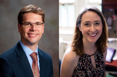 Christopher Williams on the left wears a navy suit with orange tie and blue shirt and glasses. Abby Whittington on the right wears a blouse in her office with the windows behind her.