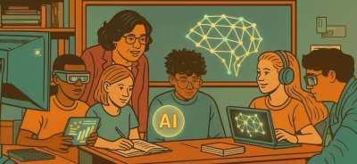An illustrated classroom scene shows a diverse group of college students using AI tools. Some students use laptops and tablets, one wears AR goggles, and a glowing orb labeled "AI" sits on the desk. A female professor stands behind them, smiling and engaged. A chalkboard in the background displays a neural network diagram. The illustration uses a warm, retro-inspired color palette.