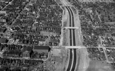 An overhead shot of construction of Interstate 95 in downtown Richmond, Virginia.