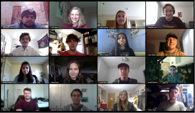 Students in Topics in the History of Data in Social Context studied the COVID-19 pandemic’s effect on essential workers and automation. Which¬ changes in technology might be here to stay? Pictured here are 16 students posing for a photo while meeting via Zoom. Each student is in a different location.