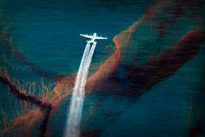 A white C-130 plane sprays dispersant on the deep blue waters of the Gulf of Mexico, after the Deepwater Horizon oil spill.